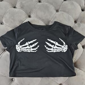 Black Crop Top with Skeleton Hand Design